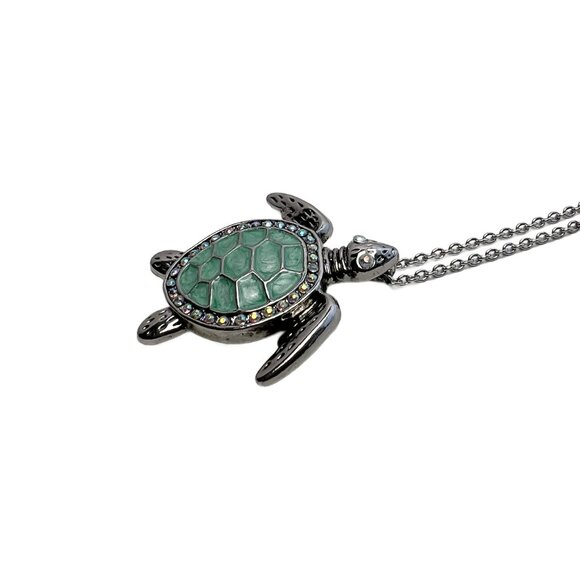 Sea Turtle Necklace Aqua Enamel AB Crystal Rhinestones Shiny Silver Tone - Picture 6 of 10